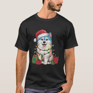 Camiseta Xmas Lighting Santa Hat American Eskimo Dog Cristo