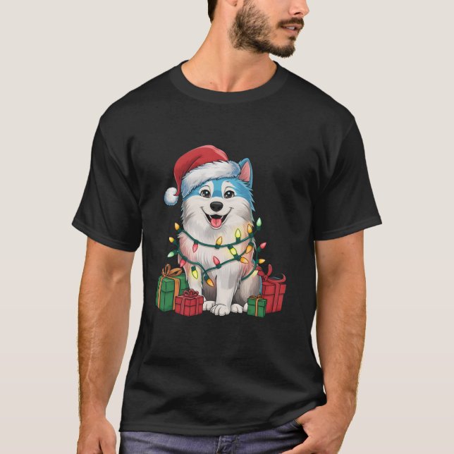 Camiseta Xmas Lighting Santa Hat American Eskimo Dog Cristo (Frente)