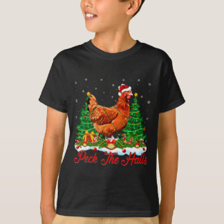 Camiseta Xmas Lighting Santa Hat Chicken Christmas Tree 