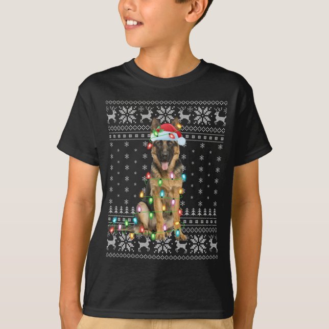 Camiseta Xmas Lighting Santa Hat German shepherd feio Chris (Frente)