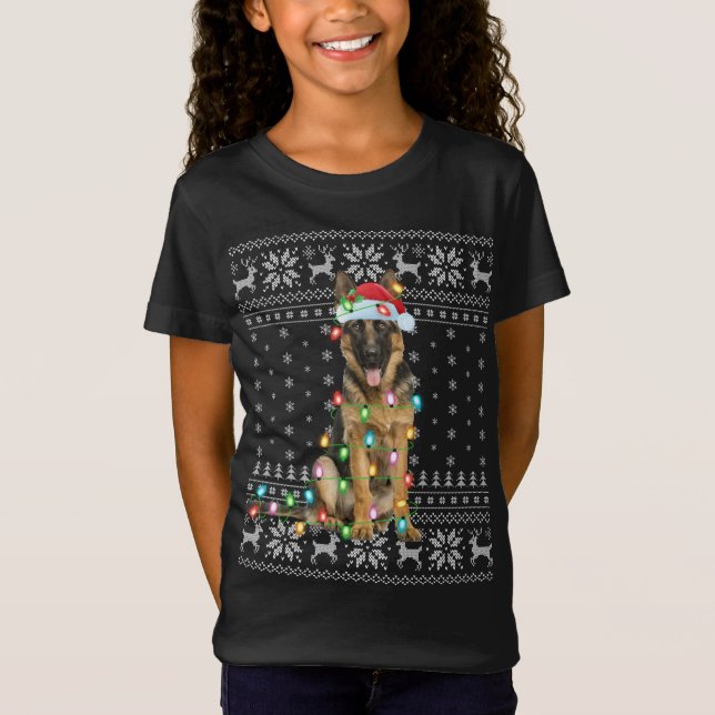 Camiseta Xmas Lighting Santa Hat German shepherd feio Chris (Frente)