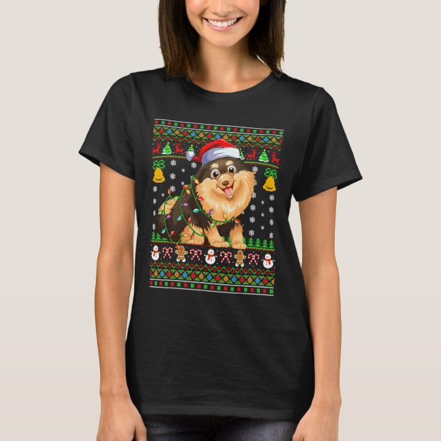 Camiseta Xmas Lighting Santa Hat Pomeranian Dog (Frente)