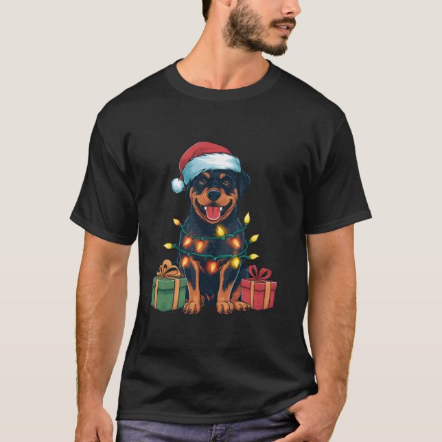 Camiseta Xmas Lighting Santa Hat Rottweiler no Natal (Frente)