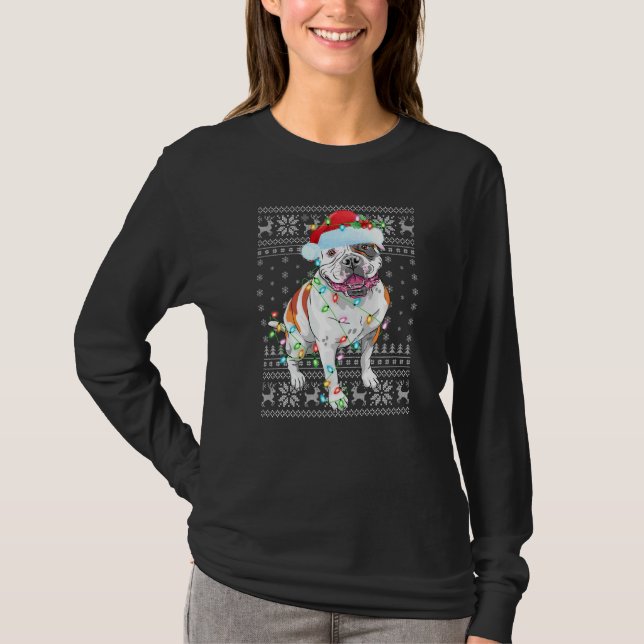 Camiseta Xmas Lighting Santa Hat Ugly American Buldog Chri (Frente)