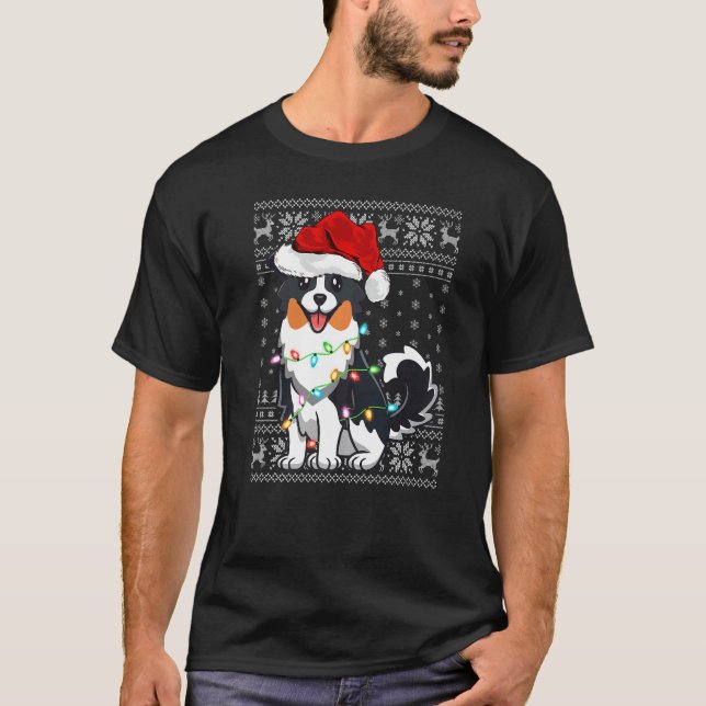 Camiseta Xmas Lighting Santa Hat Ugly Australian Shepherd C (Frente)