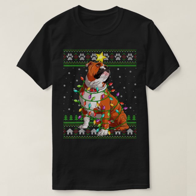 Camiseta Xmas Lighting Santa Hat Ugly English Bulldog Chris (Frente do Design)