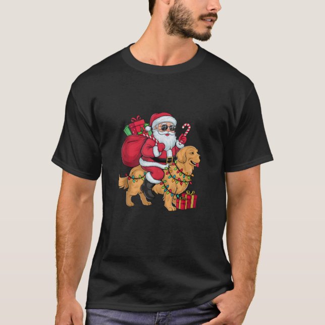 Camiseta Xmas Lighting Santa Riding Golden Retriever Dog Ch (Frente)