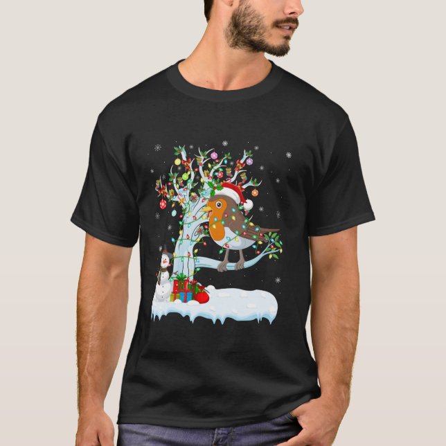 Camiseta Xmas Lighting Tree Santa Hat American Robin Bird C (Frente)