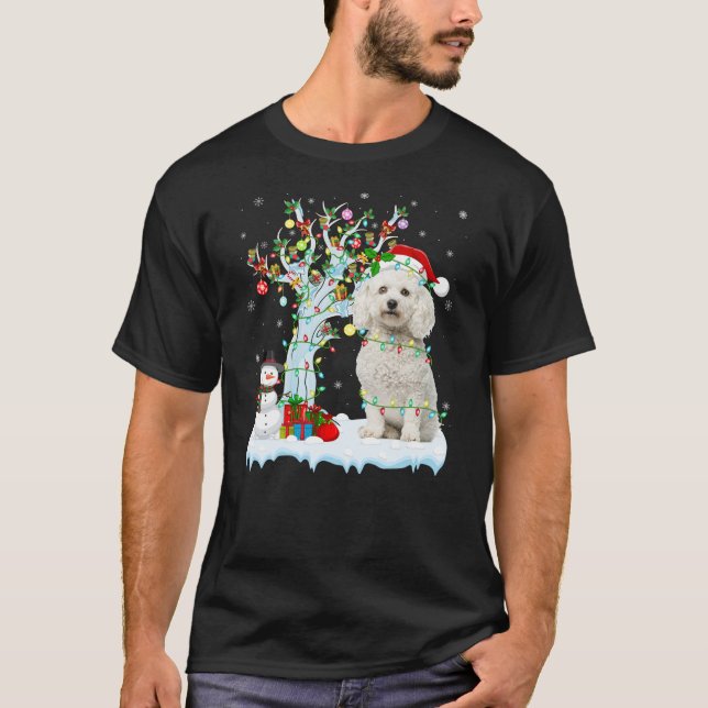 Camiseta Xmas Lighting Tree Santa Hat Bichon Frise Dog Chri (Frente)