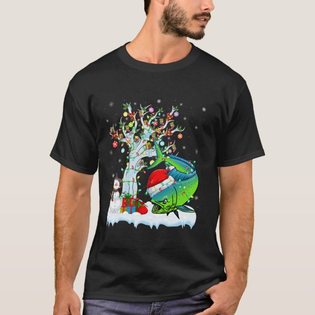 Camiseta Xmas Lighting Tree Santa Hat Mahi Cristo de peixe  (Frente)