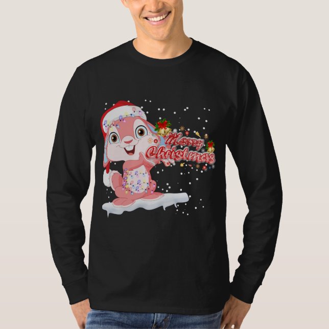 Camiseta Xmas Lighting Tree Santa Hat Rabbit Bunny Christma (Frente)