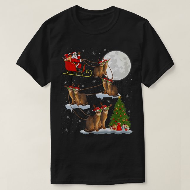 Camiseta Xmas Lighting Tree Santa Riding Abyssinian Cat Chr (Frente do Design)