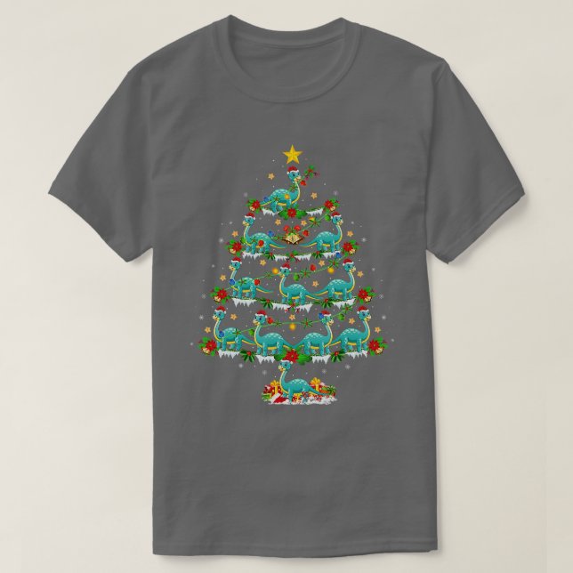 Camiseta Xmas Lights Brontosaurus Dinossaur Árvore de Natal (Frente do Design)