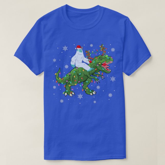 Camiseta Xmas Lights Papais noeis Yeti Andando Dinossaur Tr (Frente do Design)