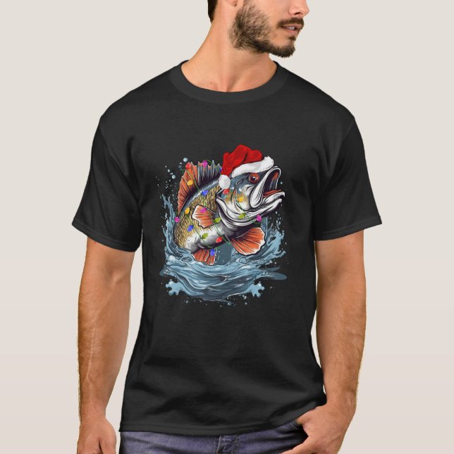 Camiseta Xmas Lights Santa Hass Peixe de Baixo Pescar Natal (Frente)