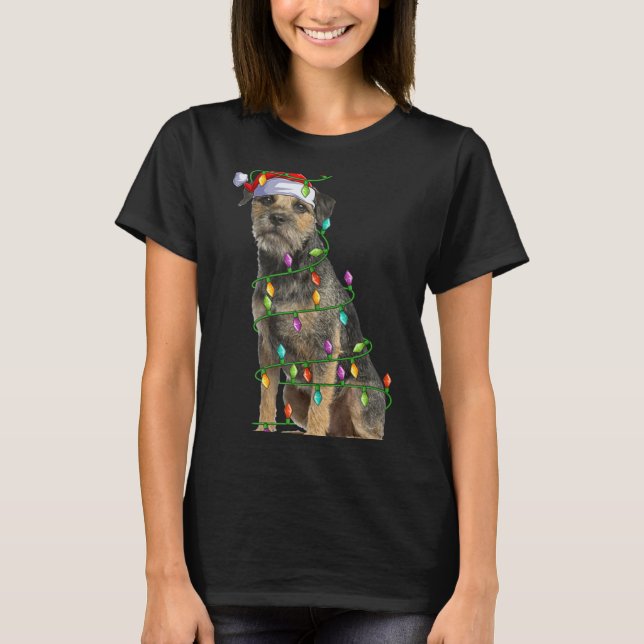 Camiseta Xmas Lights Santa Hat Border Terrier Dog Christmas (Frente)