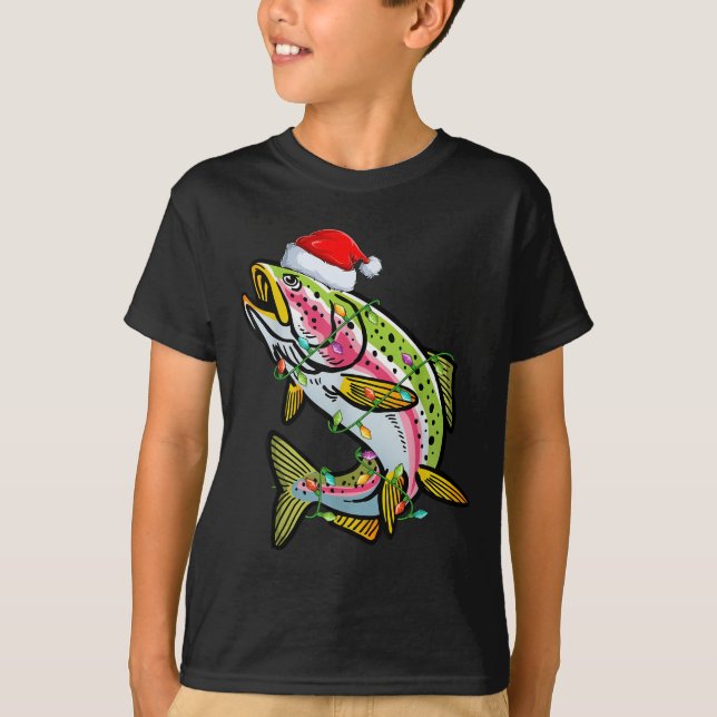 Camiseta Xmas Lights Santa Hat Rainbow Trout Fish Christmas (Frente)