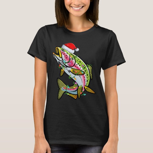 Camiseta Xmas Lights Santa Hat Rainbow Trout Fish Christmas (Frente)