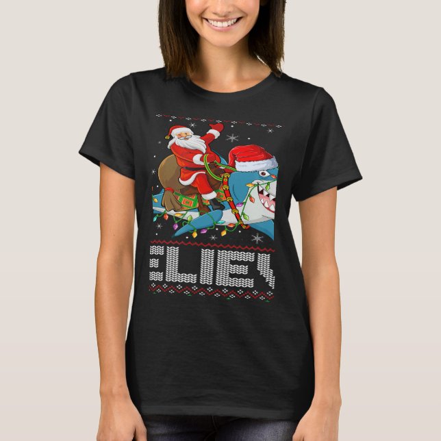 Camiseta Xmas Lights Shark Believe Ugly Santa Riding Shark  (Frente)
