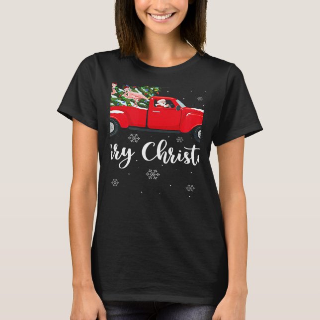 Camiseta Xmas Lights Tree Santa Ride Flamingo Red Truck Chr (Frente)