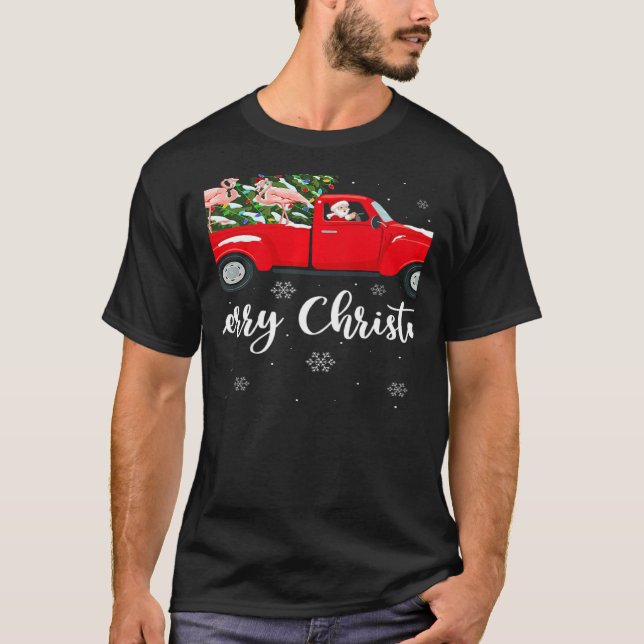 Camiseta Xmas Lights Tree Santa Ride Flamingo Red Truck Chr (Frente)