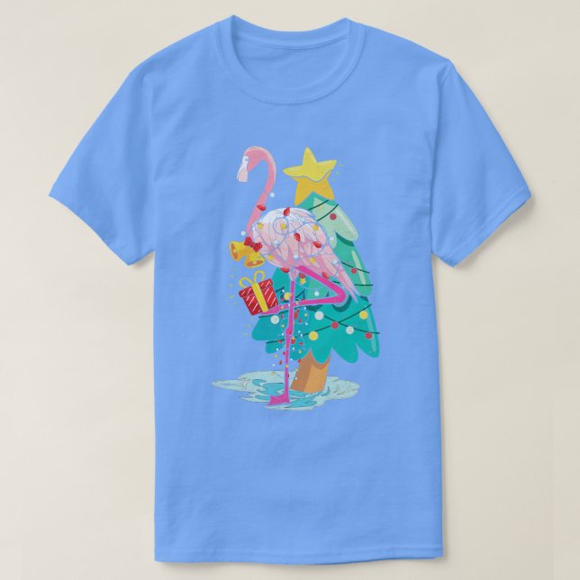 Camiseta Xmas Lights Tropical Flamingo Árvore de Natal Hawa (Frente do Design)