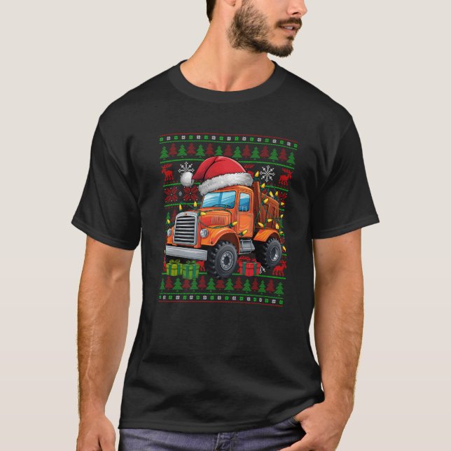 Camiseta Xmas Lights Ugly Santa Hat Construção Truck Chri (Frente)