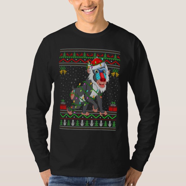 Camiseta Xmas Lights Ugly Sweater Style Santa Baboon Christ (Frente)