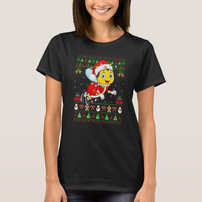 Camiseta Xmas Lights Ugly Sweater Style Santa Bee Christmas (Frente)