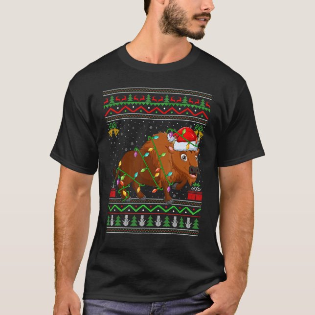 Camiseta Xmas Lights Ugly Sweater Style Santa Bison Christm (Frente)