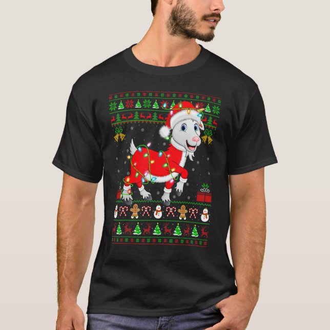 Camiseta Xmas Lights Ugly Sweater Style Santa Goat Christma (Frente)