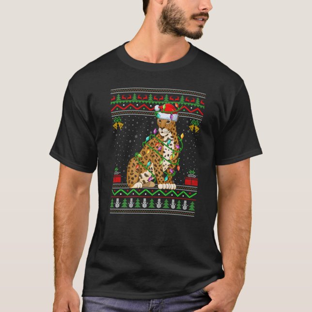 Camiseta Xmas Lights Ugly Sweater Style Santa Jaguar Christ (Frente)