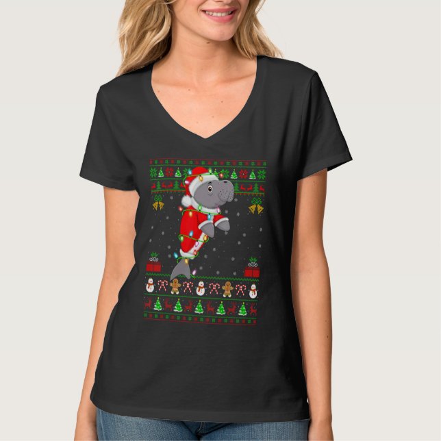 Camiseta Xmas Lights Ugly Sweater Style Santa Manatee Chris (Frente)