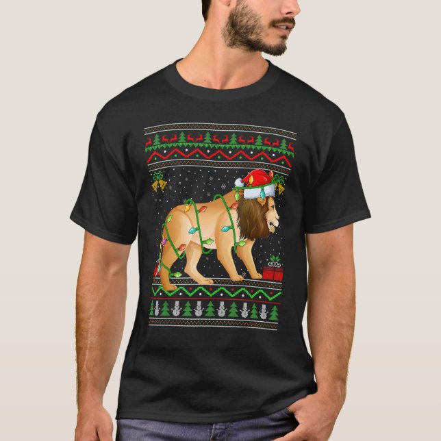 Camiseta Xmas Lights Ugly Sweater Style Santa Mountain Lion (Frente)