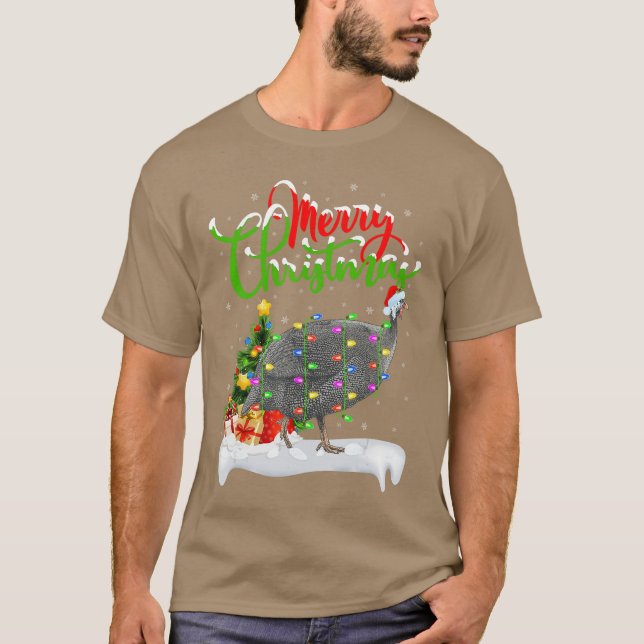Camiseta Xmas Lightsree Santa Guinea Fowl Bird Merry Christ (Frente)
