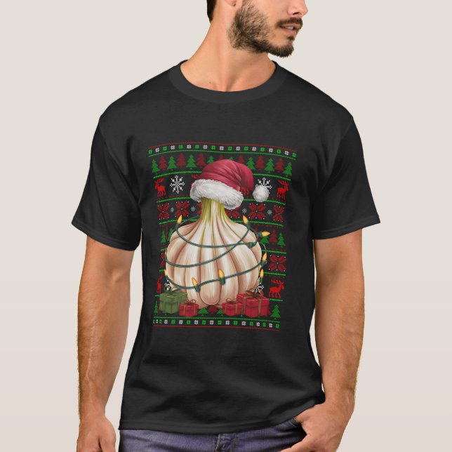 Camiseta Xmas Luz Feia Cristo de Alho Vegetal Santa Hat (Frente)