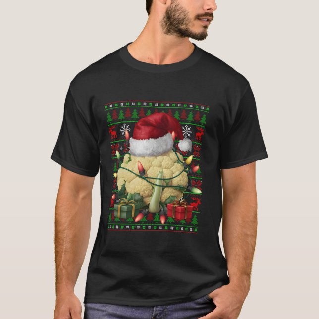Camiseta Xmas Luzes Feias de Santa Chapéu Vegetal Couve-flo (Frente)