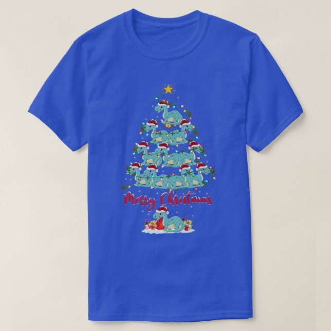 Camiseta Xmas Luzes Papais noeis Engraçados Brontosaurus Di (Frente do Design)