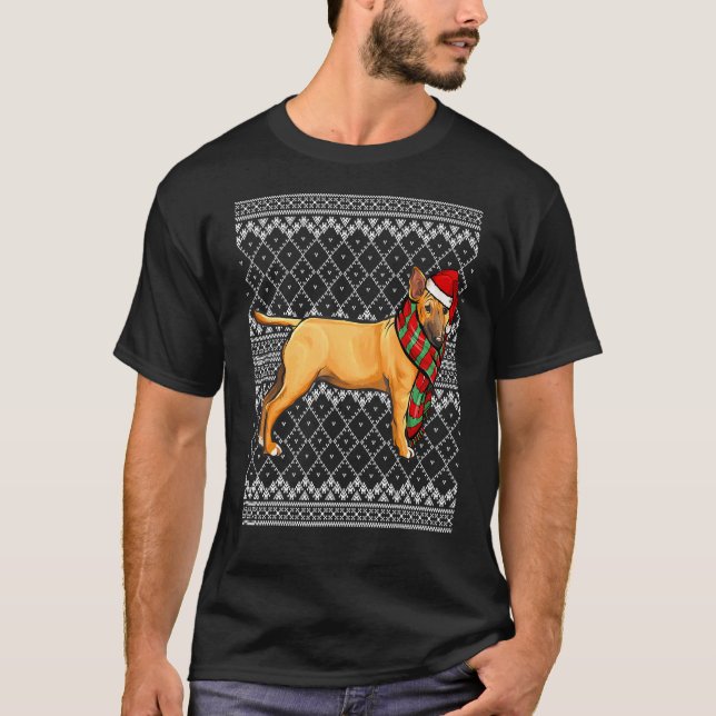 Camiseta Xmas Miniatura Bull Terrier Santa Claus Hat Ugly C (Frente)