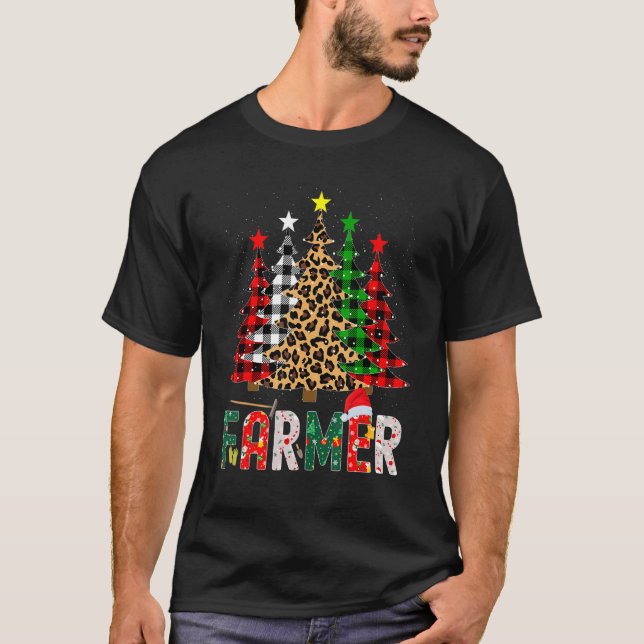 Camiseta Xmas Santa Farmer Leopard Plaid Print Christmas Tr (Frente)