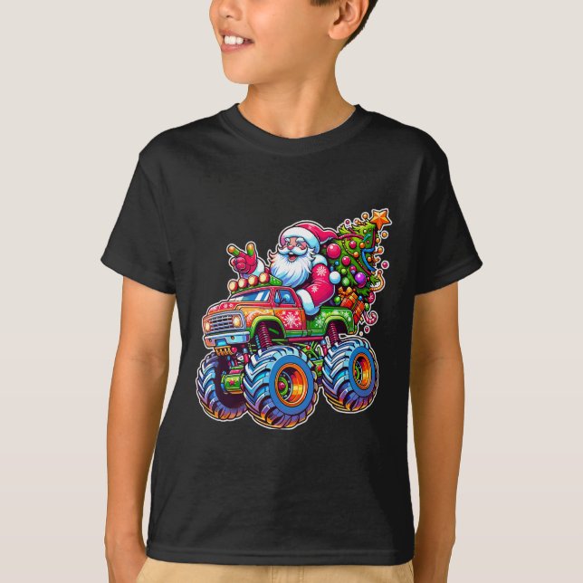 Camiseta Xmas Santa Riding Funny Christmas Monster Truck Bo (Frente)