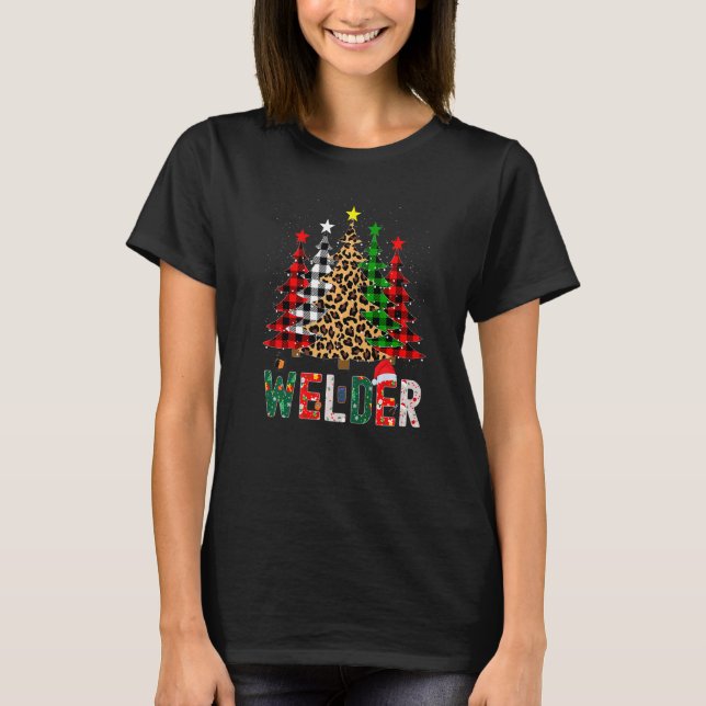 Camiseta Xmas Santa Welder Leopard Plaid Print Christmas Tr (Frente)