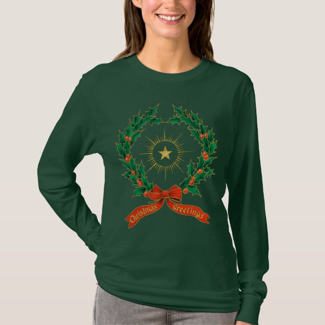 Camiseta Xmas saúda Holly Wreath e Star de Belém (Frente)