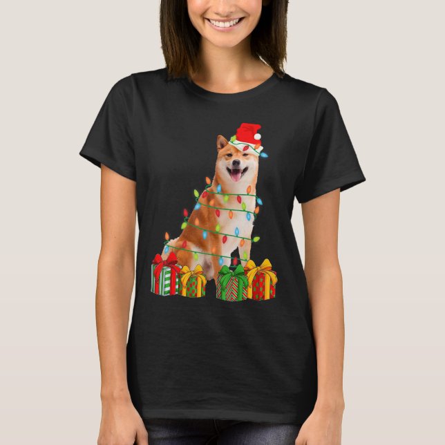 Camiseta Xmas Shiba Inu Cachorro Luzes De Natal (Frente)