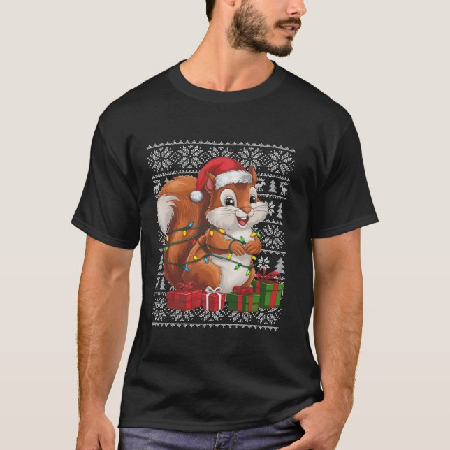 Camiseta Xmas Sweater Style Ugly Santa Hat Squirrel Christi (Frente)