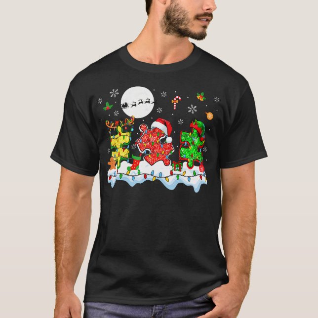 Camiseta Xmas Three Santa Reindeer Elf Autism Awareness Puz (Frente)