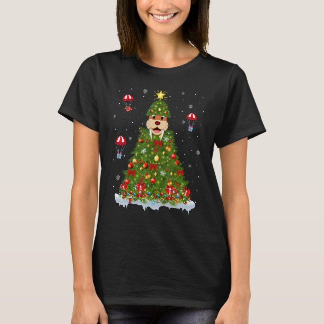 Camiseta Xmas Tree Decorations Lights Santa Walrus Christma (Frente)