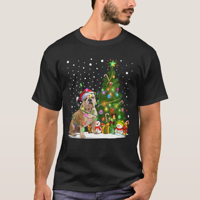 Camiseta Xmas Tree Lighting Papais noeis English Buldog Nat (Frente)