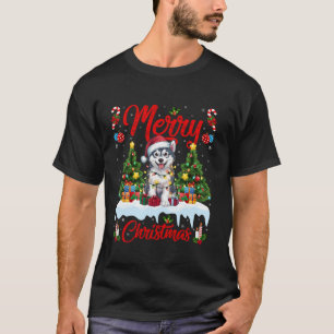 Camiseta Xmas Tree Lighting Santa Hat Alaskan Malamute Dog