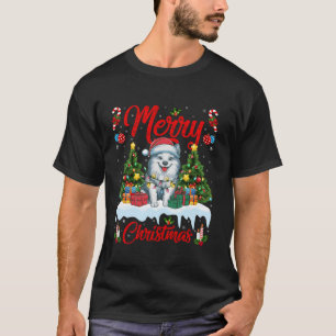 Camiseta Xmas Tree Lighting Santa Hat American Eskimo Cog C